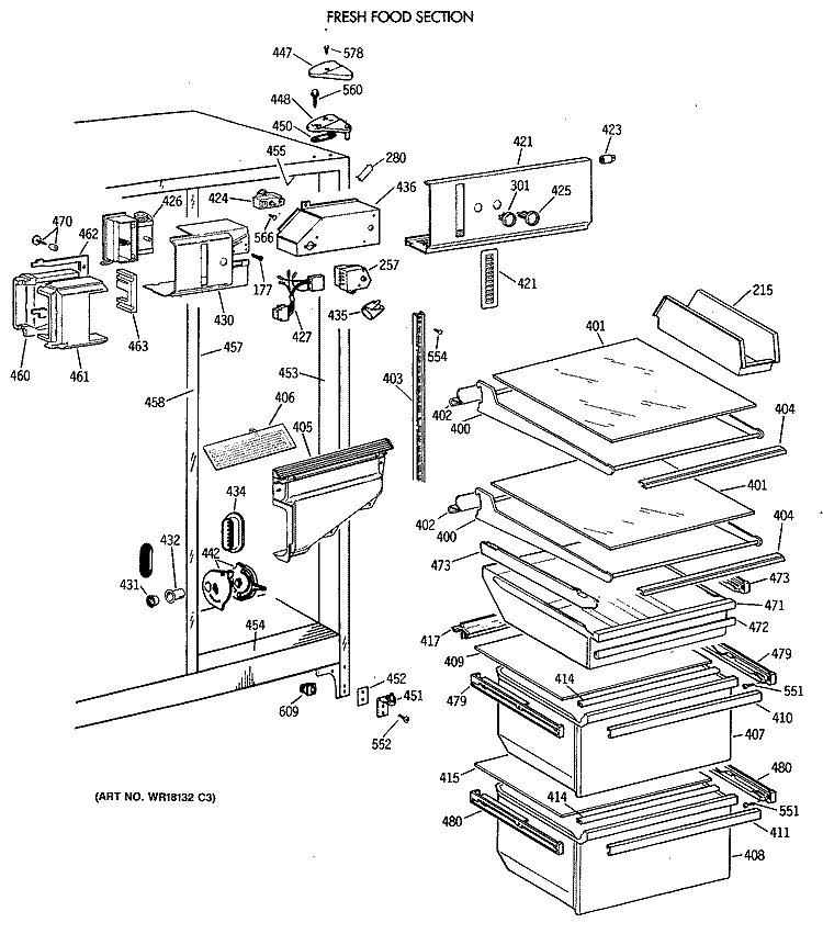FRESH FOOD SECTION Diagram and Parts List for TFG22ZAVAWH  General Electric Refrigerator