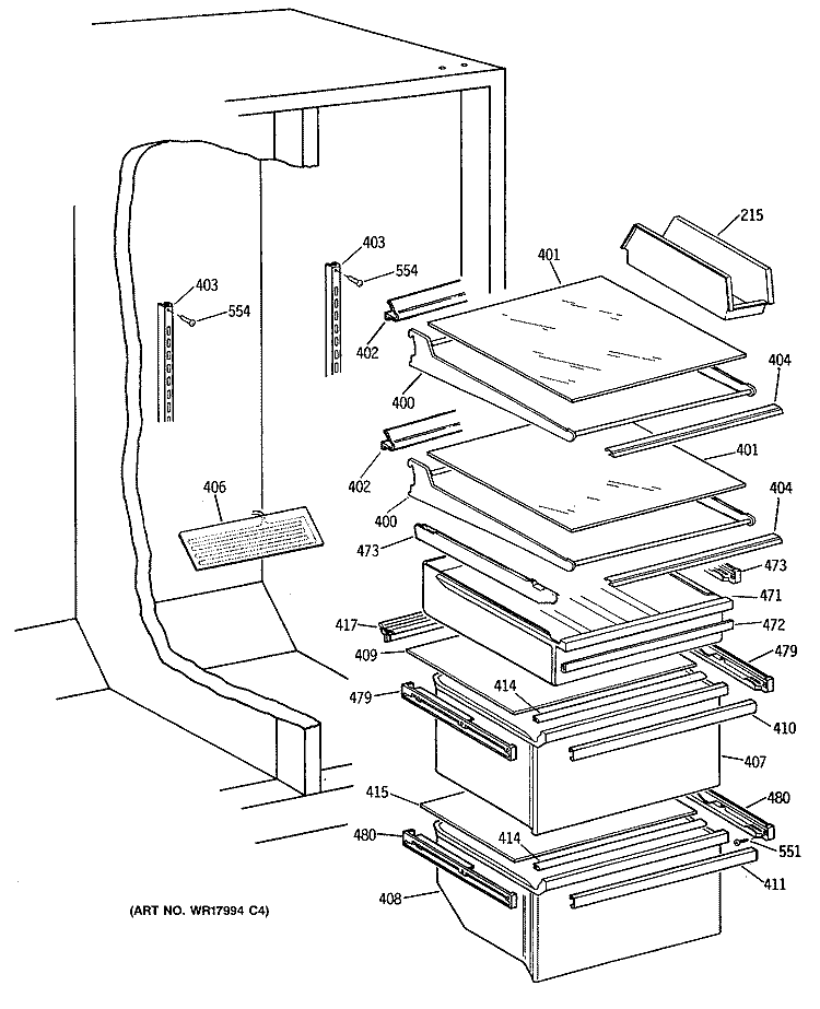 Section Diagram and Parts List for TFG24ZRVAWH  General Electric Refrigerator