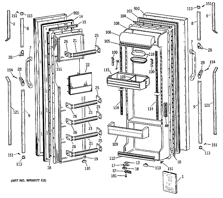 Section Diagram and Parts List for TFG24PAVAWW  General Electric Refrigerator