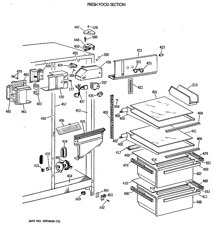 FRESH FOOD SECTION Diagram and Parts List for TFG20JAVAWH  General Electric Refrigerator