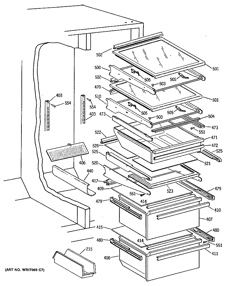 Section Diagram and Parts List for TFG24PEVAWH  General Electric Refrigerator