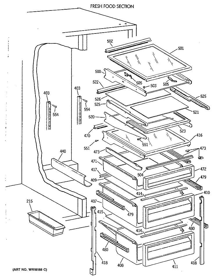 FRESH FOOD SECTION Diagram and Parts List for TFH22PRXAAA  General Electric Refrigerator