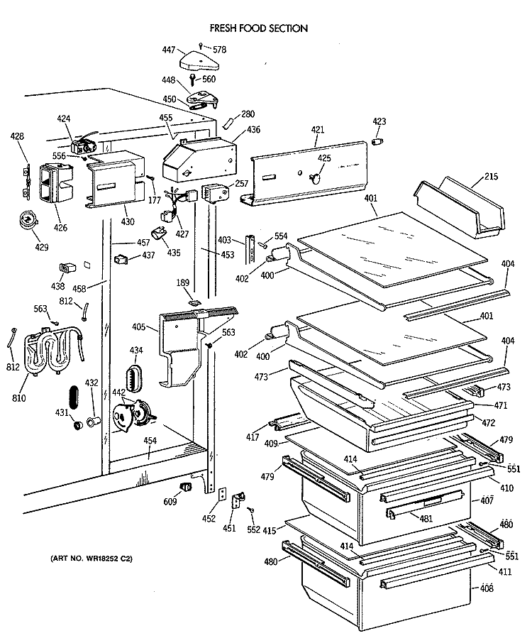 FRESH FOOD SECTION Diagram and Parts List for TFH24JWXAAA  General Electric Refrigerator