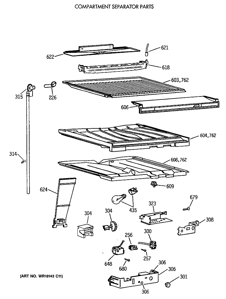 COMPARTMENT SEPARATOR PARTS Diagram and Parts List for TBX18DAXBRWW  General Electric Refrigerator