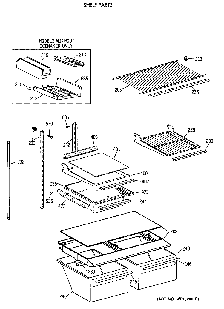 SHELF PARTS Diagram and Parts List for TBG18DAXDRWW  General Electric Refrigerator