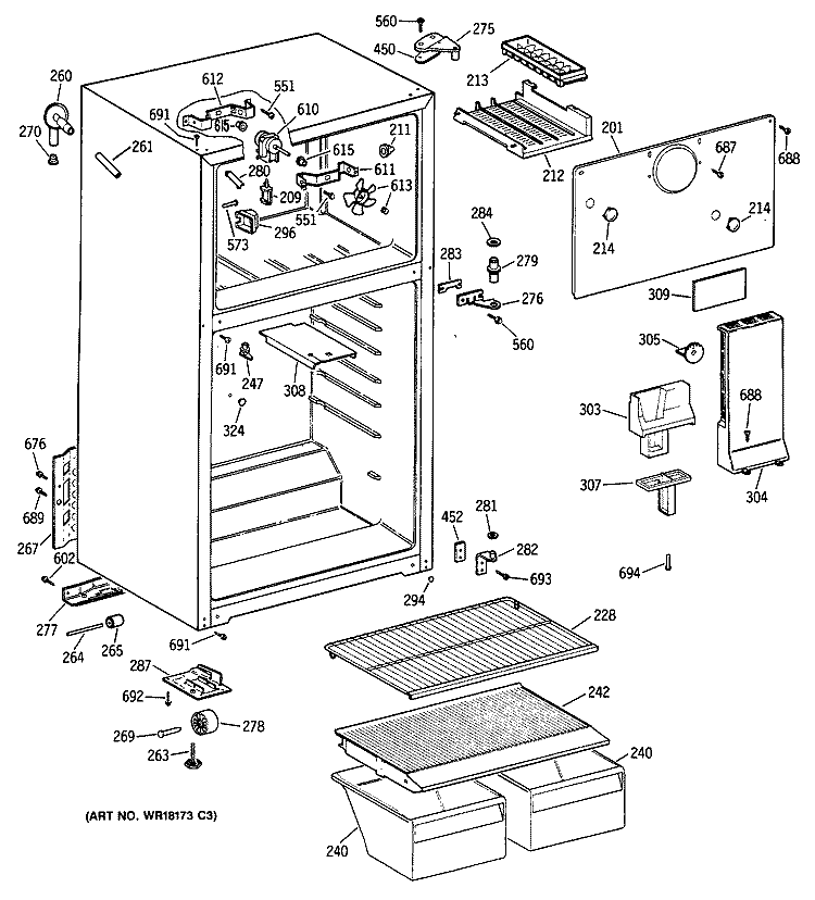 Section Diagram and Parts List for TBG16SAXHRAD  General Electric Refrigerator