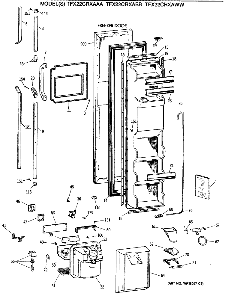 FREEZER DOOR Diagram and Parts List for TFX22CRXABB  General Electric Refrigerator