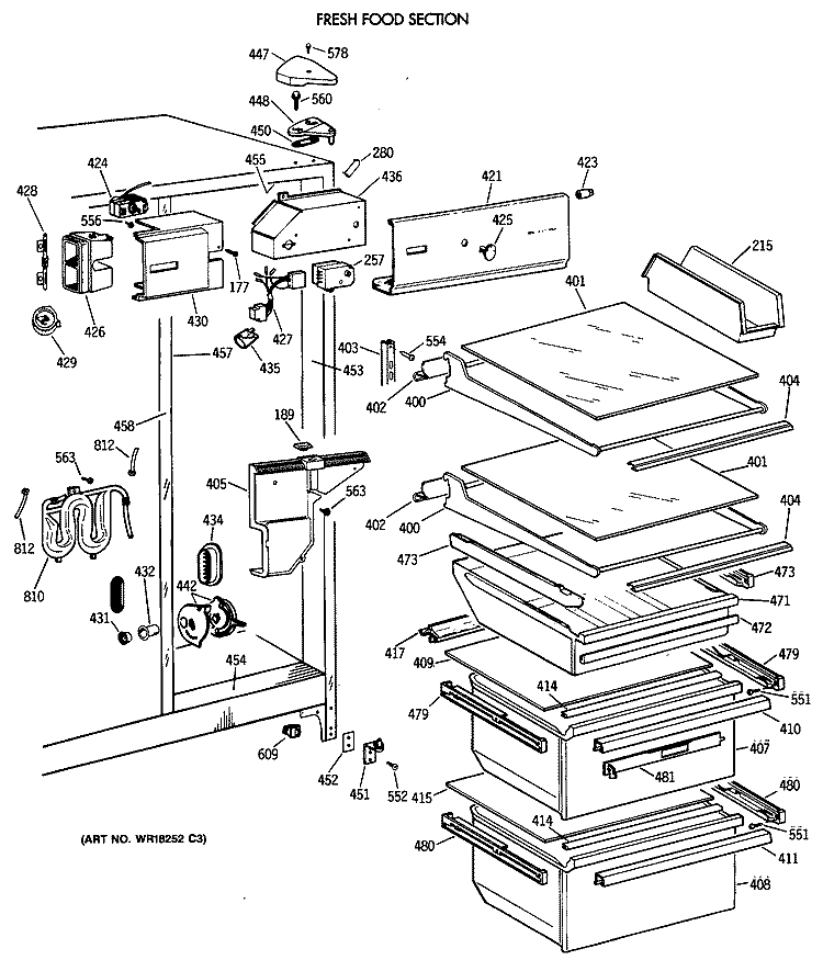 FRESH FOOD SECTION Diagram and Parts List for TFX22CRXABB  General Electric Refrigerator