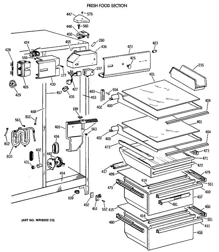 FRESH FOOD SECTION Diagram and Parts List for TFX22JWXAWW  General Electric Refrigerator
