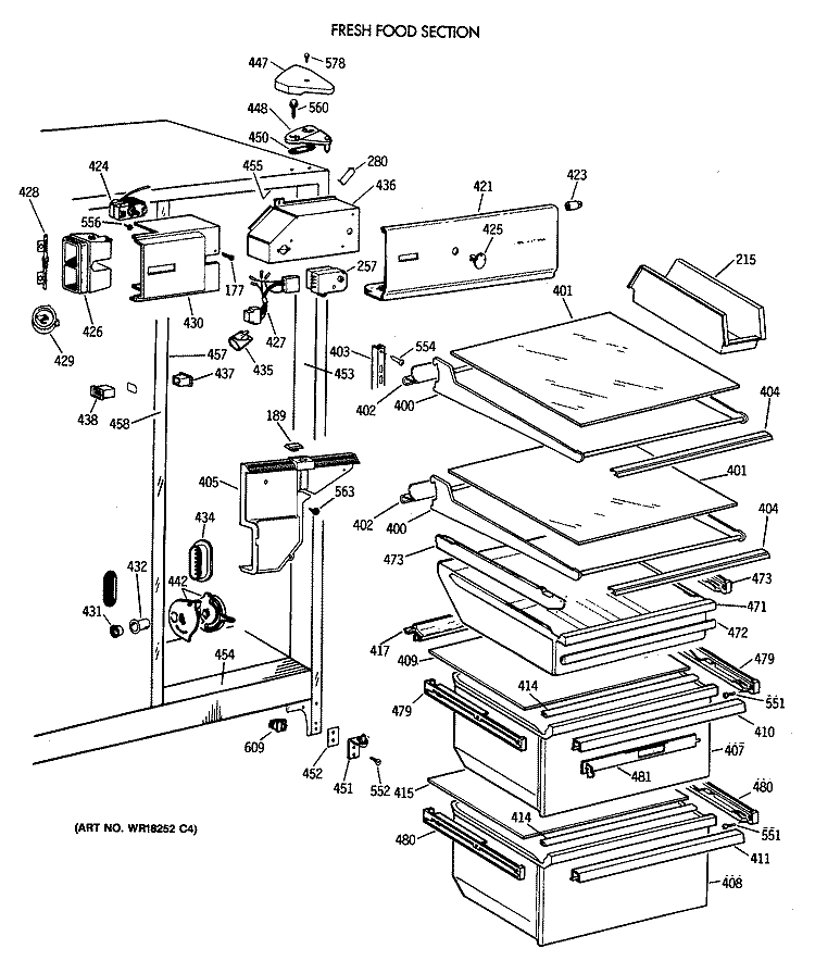 FRESH FOOD SECTION Diagram and Parts List for TFX24JAXAWW  General Electric Refrigerator