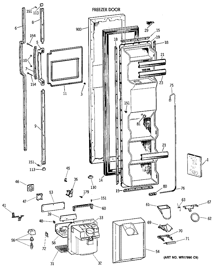 FREEZER DOOR Diagram and Parts List for TFX24ZRXAAA  General Electric Refrigerator