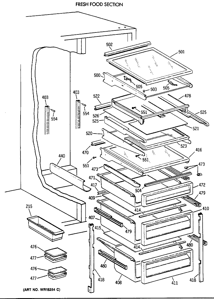 FRESH FOOD SECTION Diagram and Parts List for TFX27PFXABB  General Electric Refrigerator