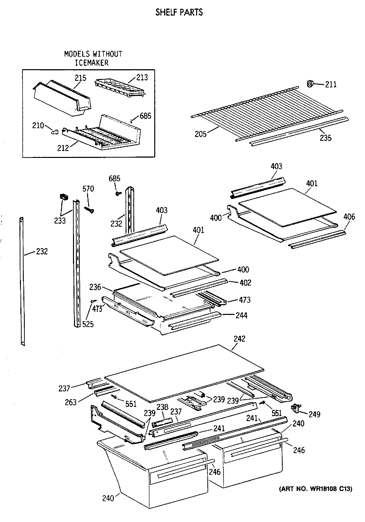 SHELF PARTS Diagram and Parts List for TBG24JAXDRWW  General Electric Refrigerator