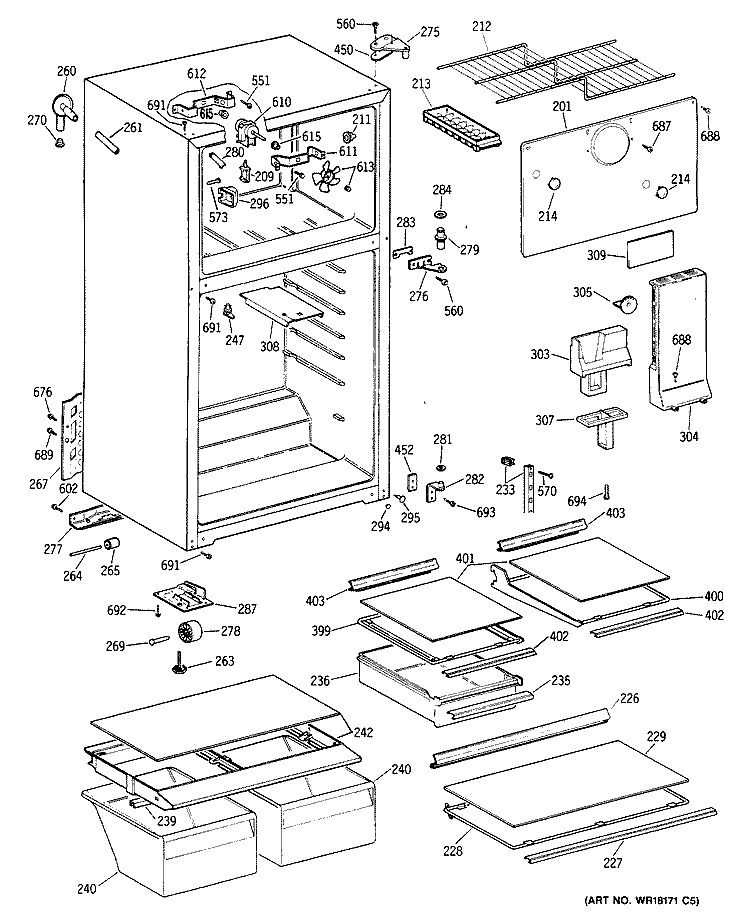 Section Diagram and Parts List for TBT16JAXLRWH  General Electric Refrigerator