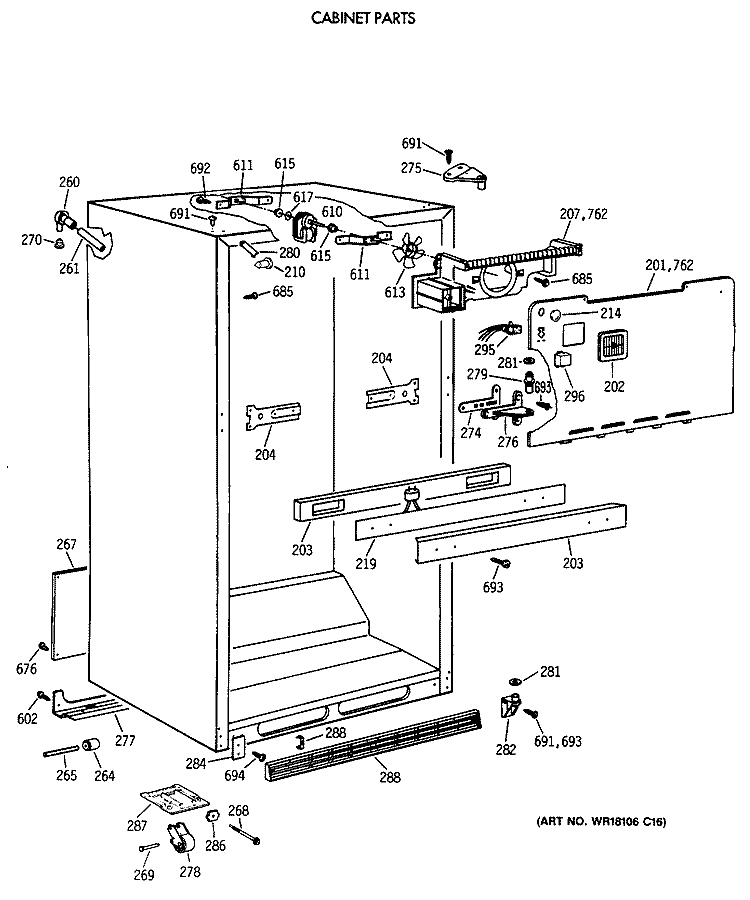 CABINET PARTS Diagram and Parts List for TBT24JAXBRWW  General Electric Refrigerator