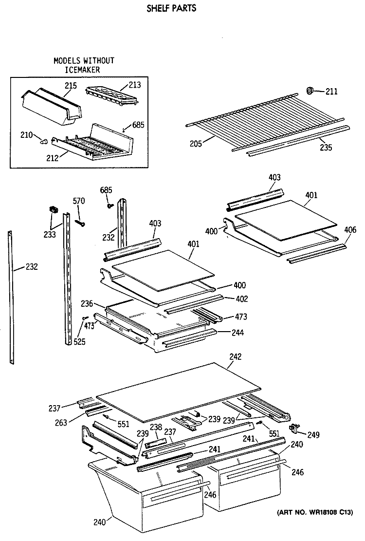 SHELF PARTS Diagram and Parts List for TBT25JAXBRWW  General Electric Refrigerator