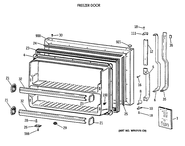 FREEZER DOOR Diagram and Parts List for TBX18DAXCRWW  General Electric Refrigerator