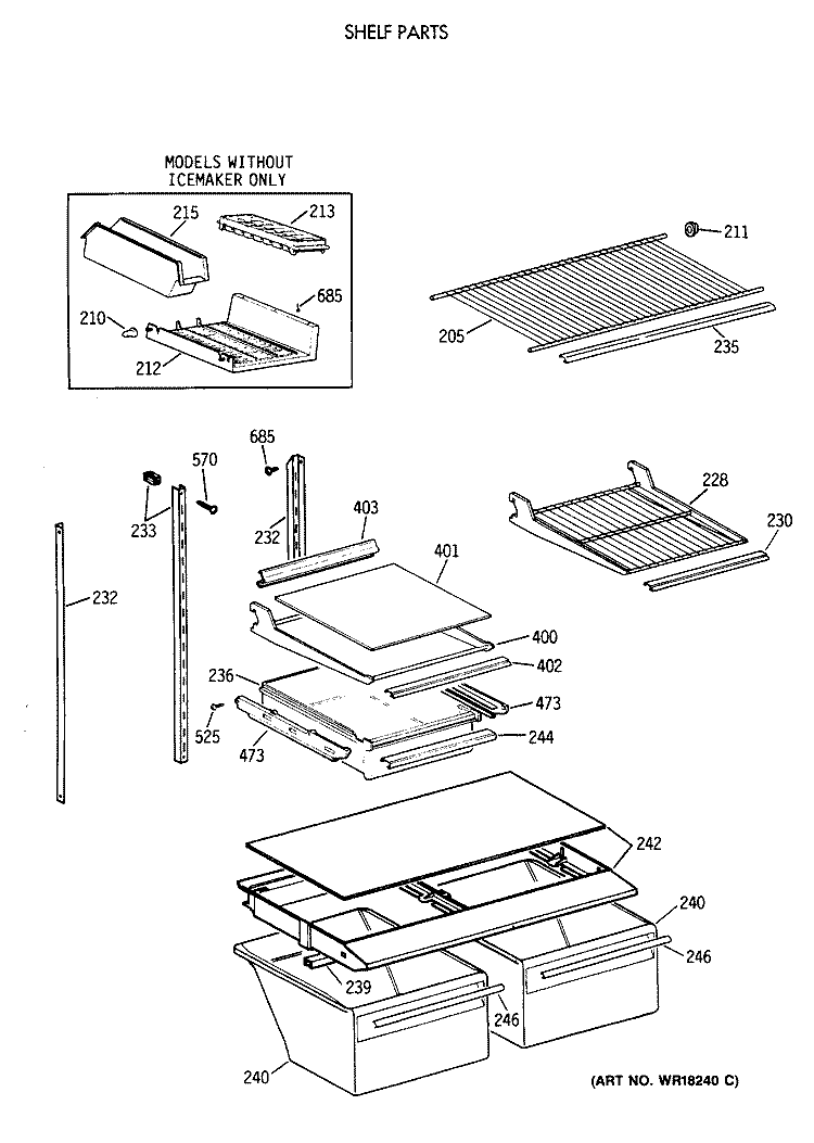 SHELF PARTS Diagram and Parts List for TBX18DAXCRWW  General Electric Refrigerator