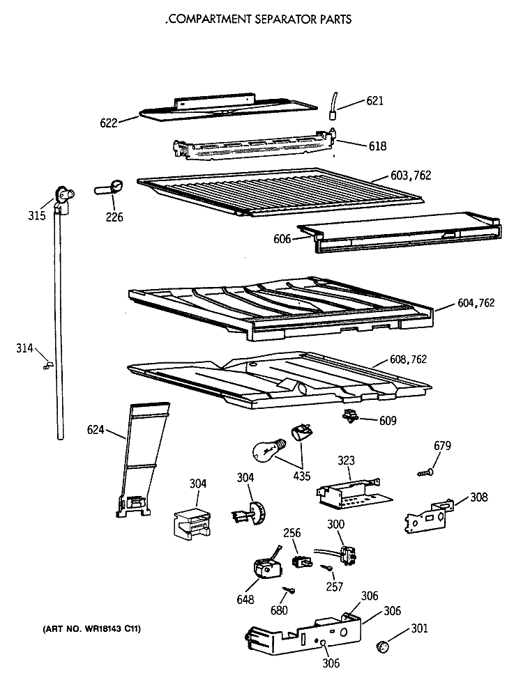 COMPARTMENT SEPARATOR PARTS Diagram and Parts List for TBX18DAXCRWW  General Electric Refrigerator