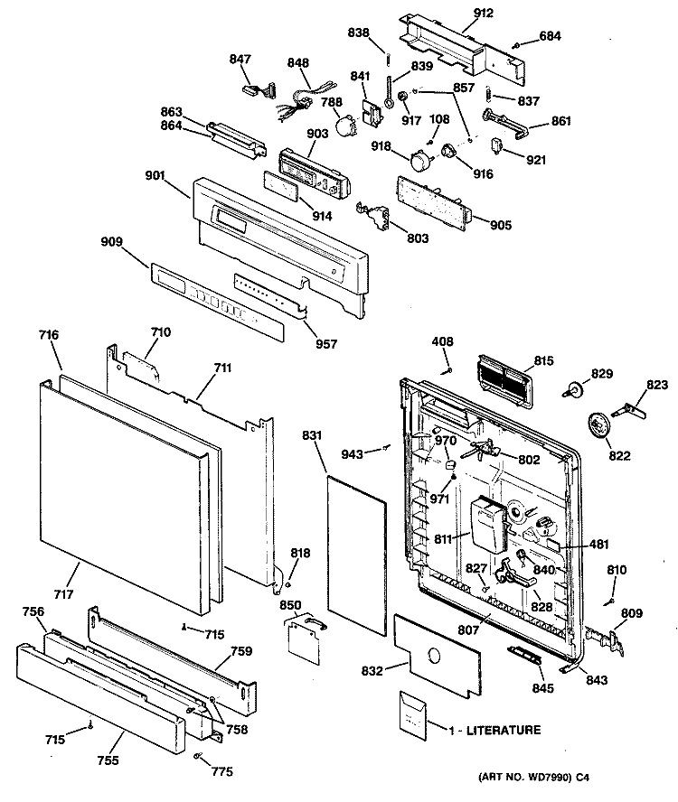 Section Diagram and Parts List for ZBD3500X66BB  General Electric Dishwasher