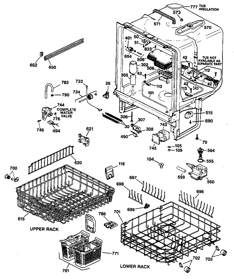 Section Diagram and Parts List for ZBD3500X66BB  General Electric Dishwasher