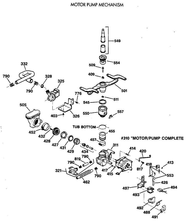 MOTOR PUMP MECHANISM Diagram and Parts List for ZBD3500X66BB  General Electric Dishwasher