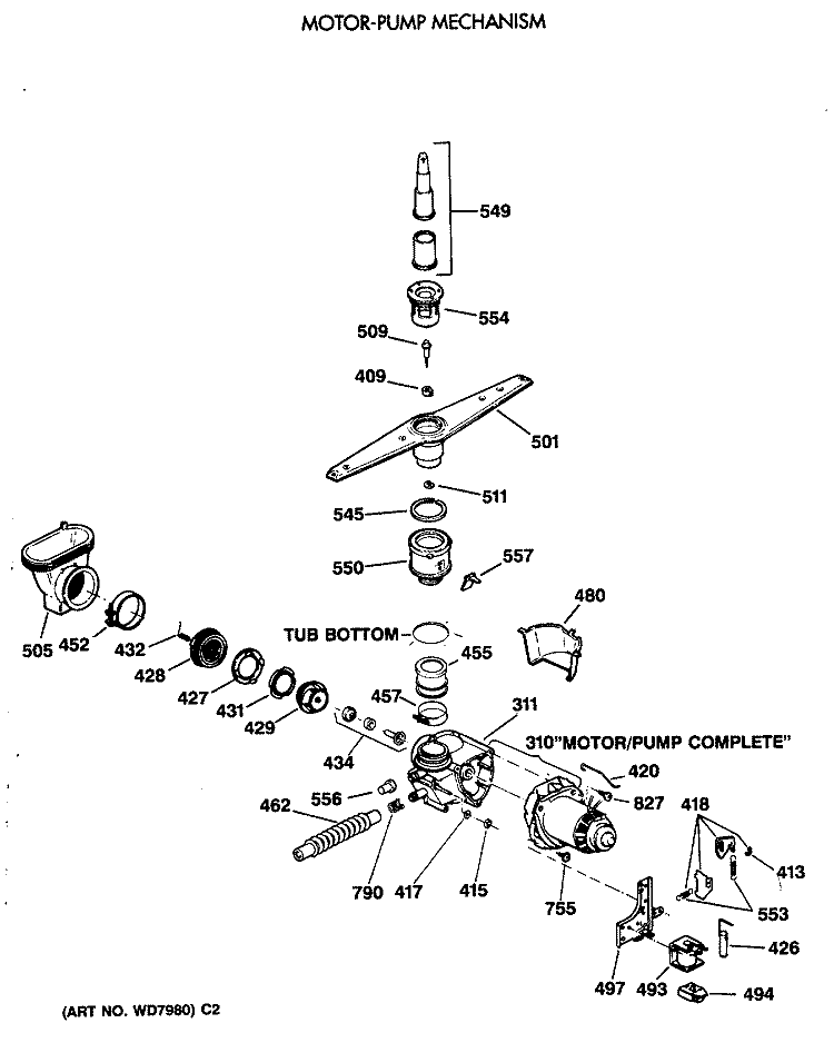 MOTOR - PUMP MECHANISM Diagram and Parts List for LUD3100X66WB  General Electric Dishwasher