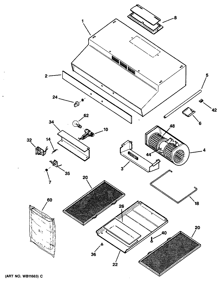 Section Diagram and Parts List for JV656VBB  General Electric Range Hood