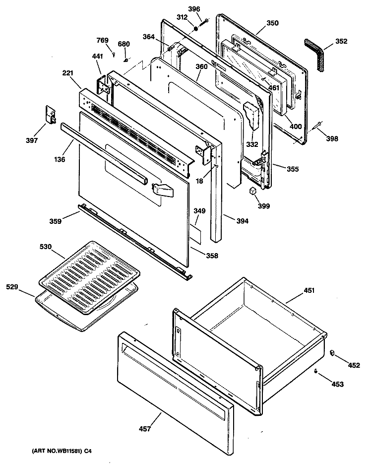 Section Diagram and Parts List for JBP26AV1  General Electric Range