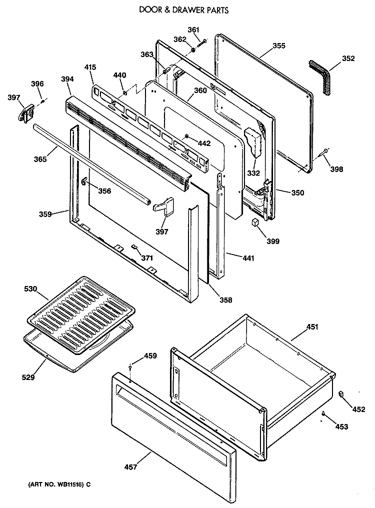 DOOR & DRAWER PARTS Diagram and Parts List for JBP24G*R2  General Electric Range