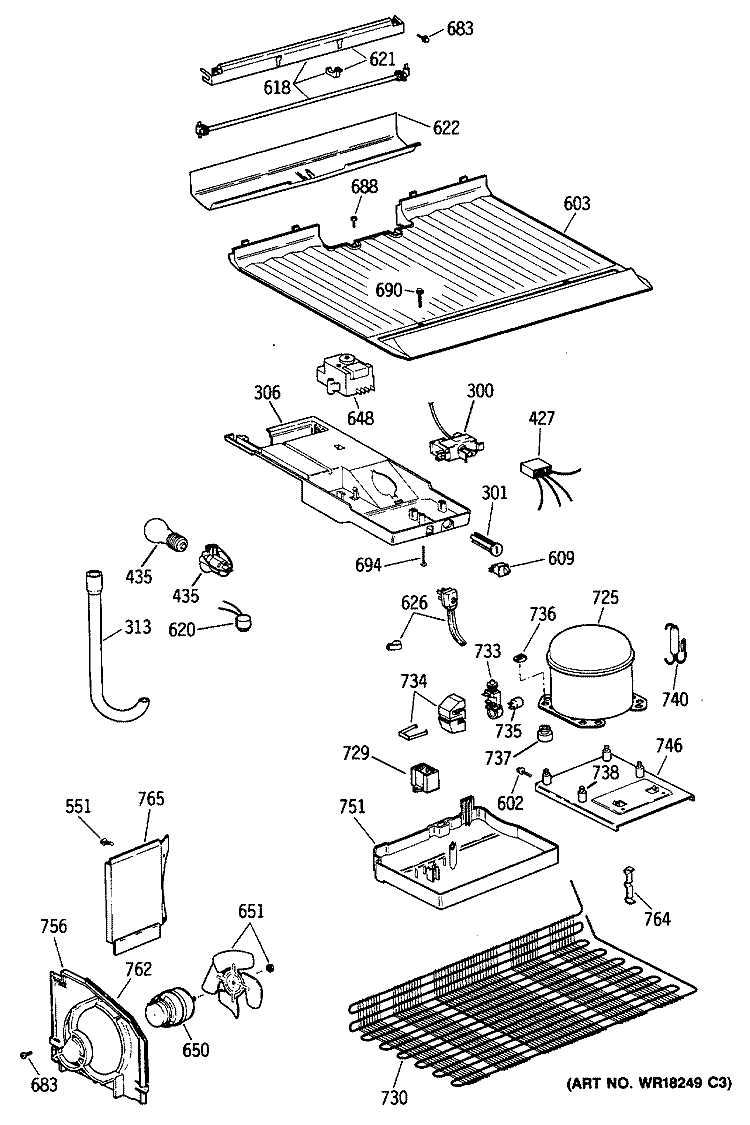 Section Diagram and Parts List for TBE16DATJRWH  General Electric Refrigerator