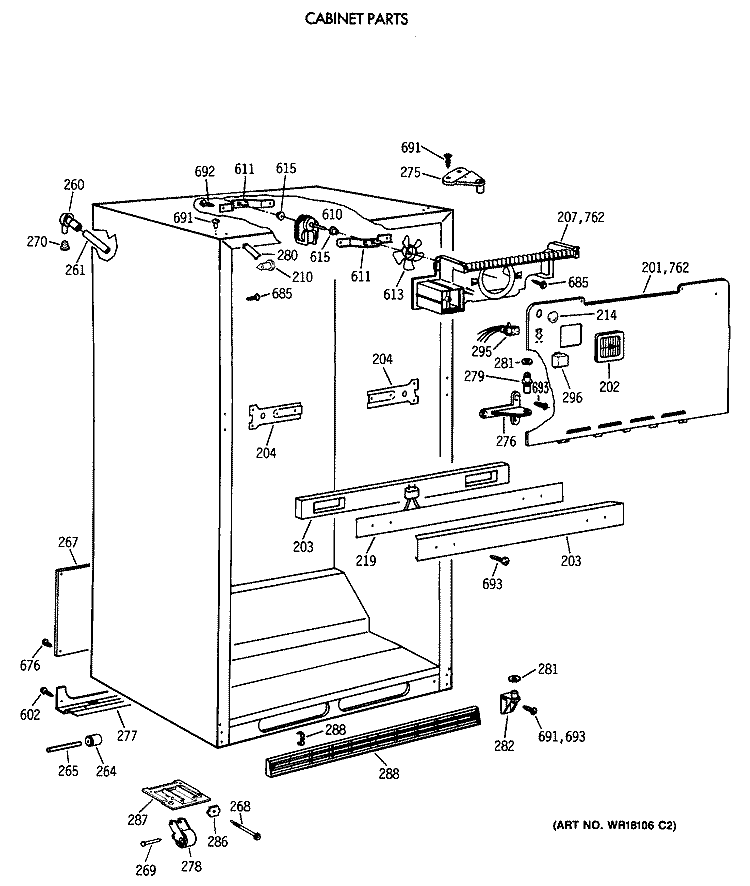 CABINET PARTS Diagram and Parts List for TBX19JATCRWW  General Electric Refrigerator