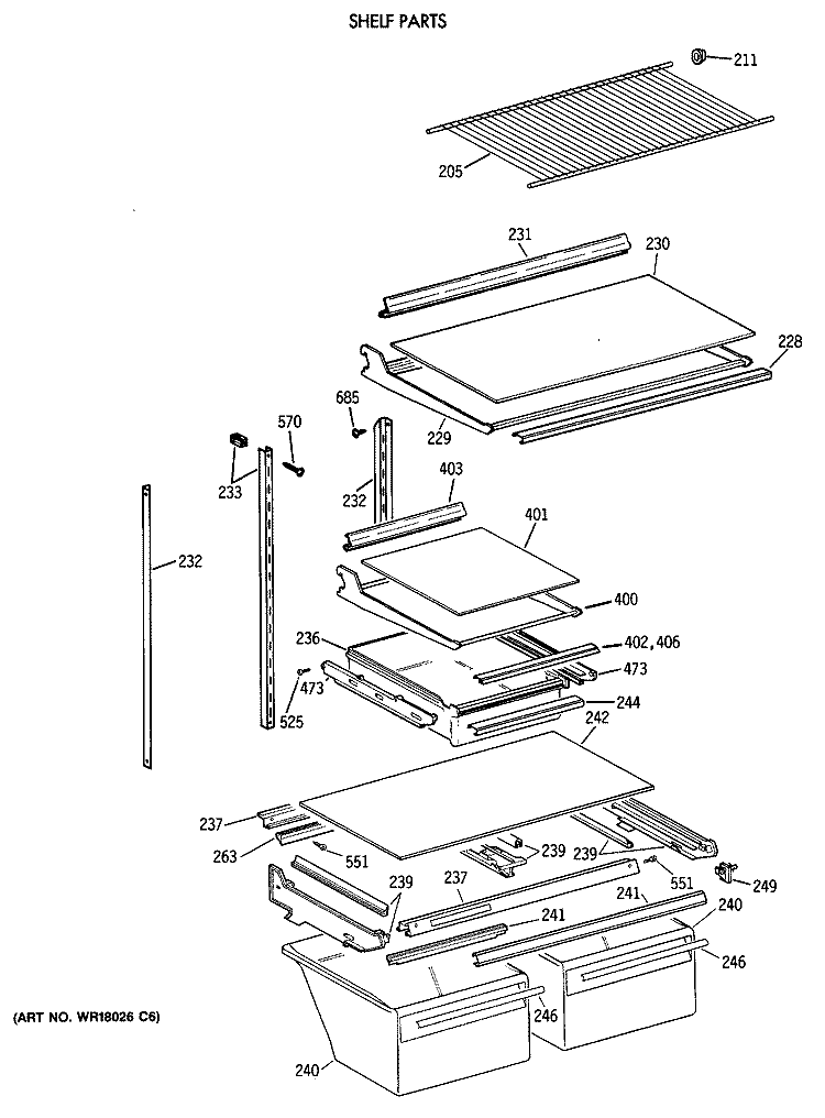 SHELF PARTS Diagram and Parts List for TBX21NIXDRAA  General Electric Refrigerator