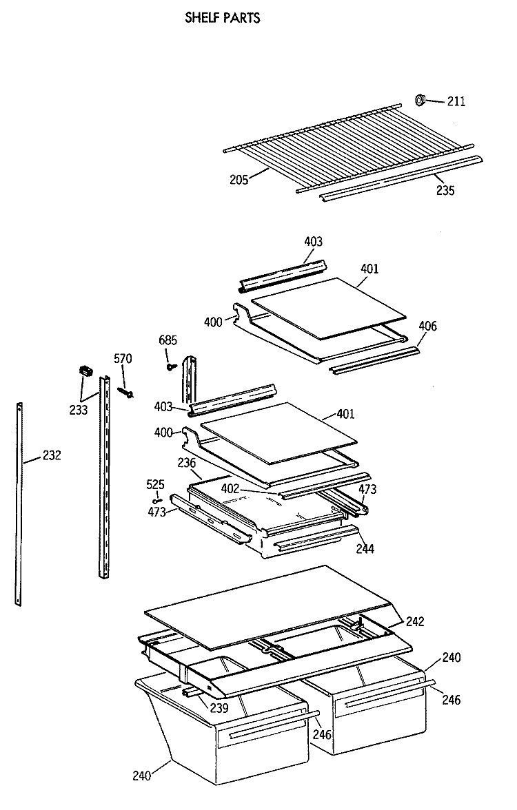 SHELF PARTS Diagram and Parts List for TBH18JAXERWW  General Electric Refrigerator