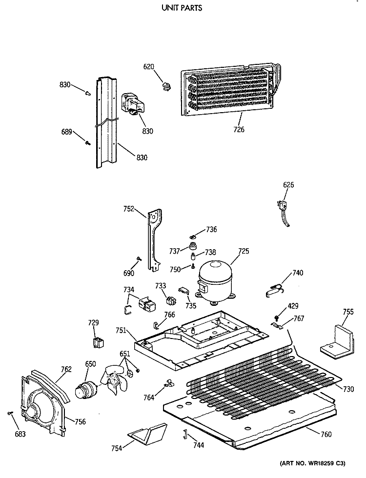 UNIT PARTS Diagram and Parts List for TBH18JAXERWW  General Electric Refrigerator