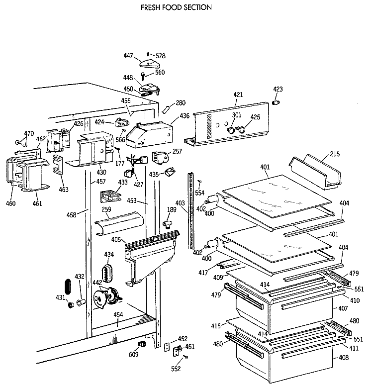 FRESH FOOD SECTION Diagram and Parts List for TFG20JAXAWW  General Electric Refrigerator