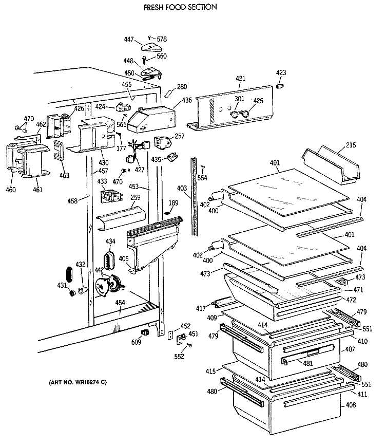 FRESH FOOD SECTION Diagram and Parts List for TFG22JRXAWW  General Electric Refrigerator