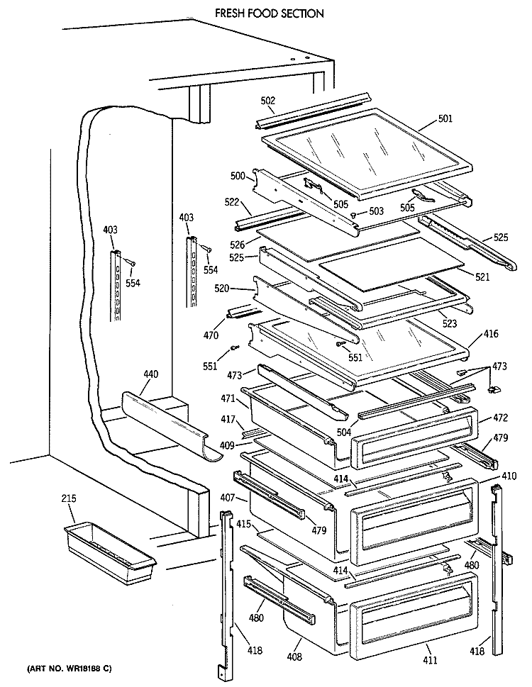 FRESH FOOD SECTION Diagram and Parts List for TFG22PRXAWW  General Electric Refrigerator