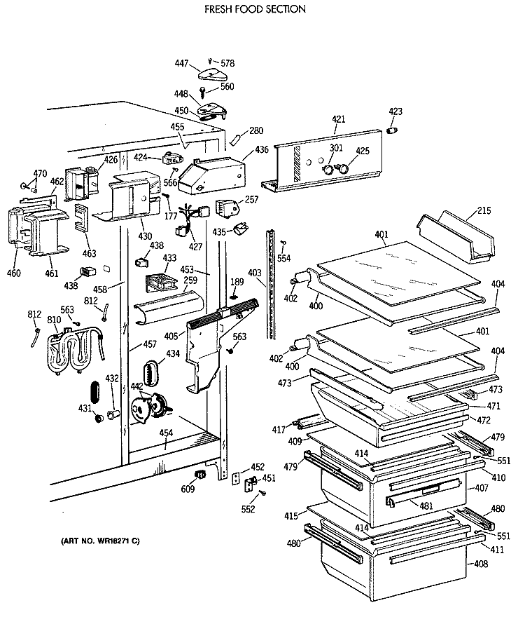FRESH FOOD SECTION Diagram and Parts List for TFG24JRXAWW  General Electric Refrigerator