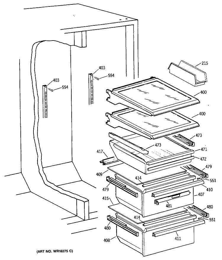 Section Diagram and Parts List for TFG24ZFXAWH  General Electric Refrigerator