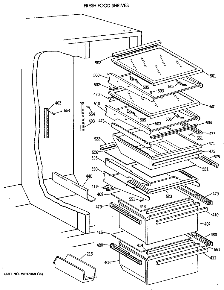 FRESH FOOD SHELVES Diagram and Parts List for TFH27PRTBAA  General Electric Refrigerator