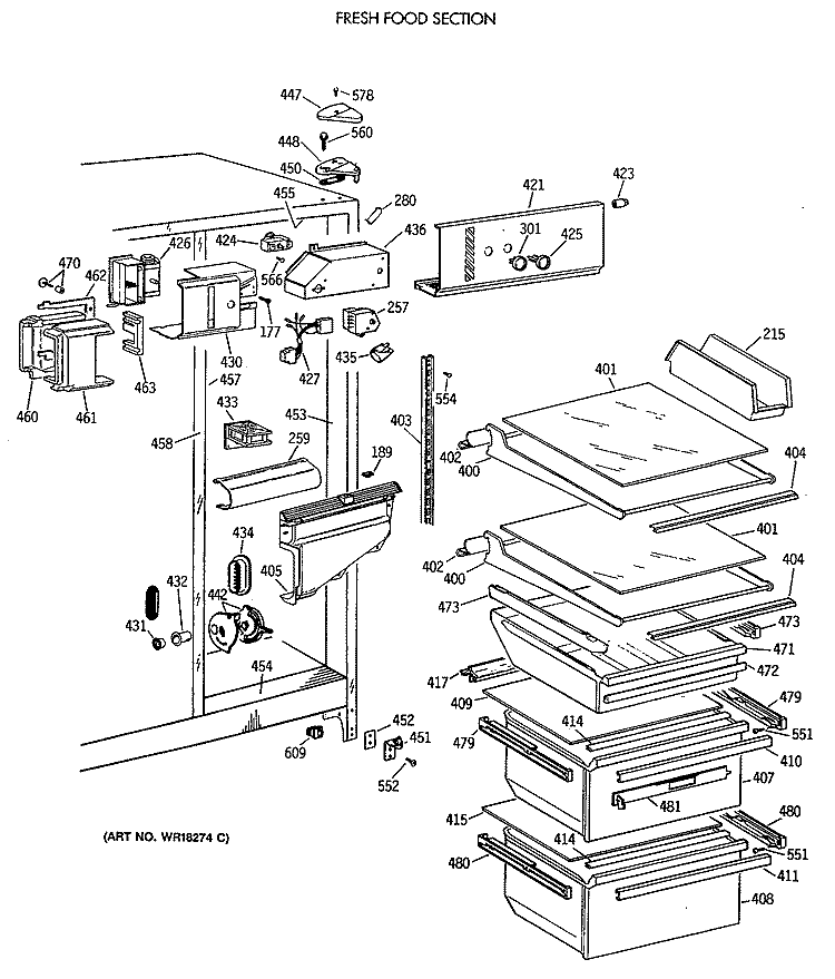 FRESH FOOD SECTION Diagram and Parts List for TFK22JAXAAA  General Electric Refrigerator