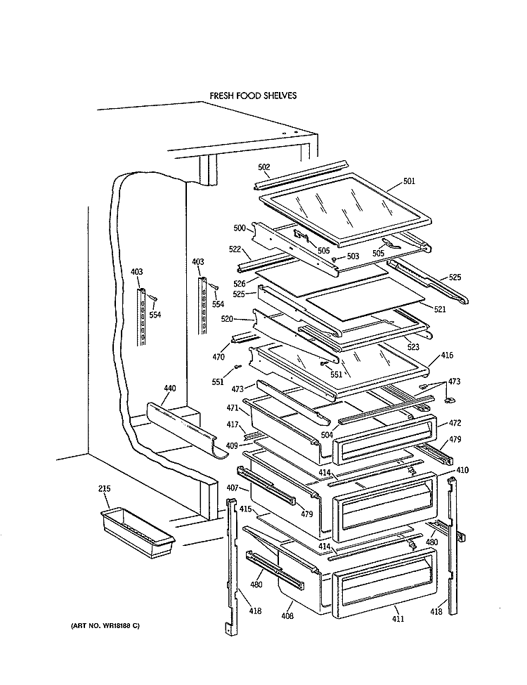 FRESH FOOD SHELVES Diagram and Parts List for TFK22PRXAAA  General Electric Refrigerator