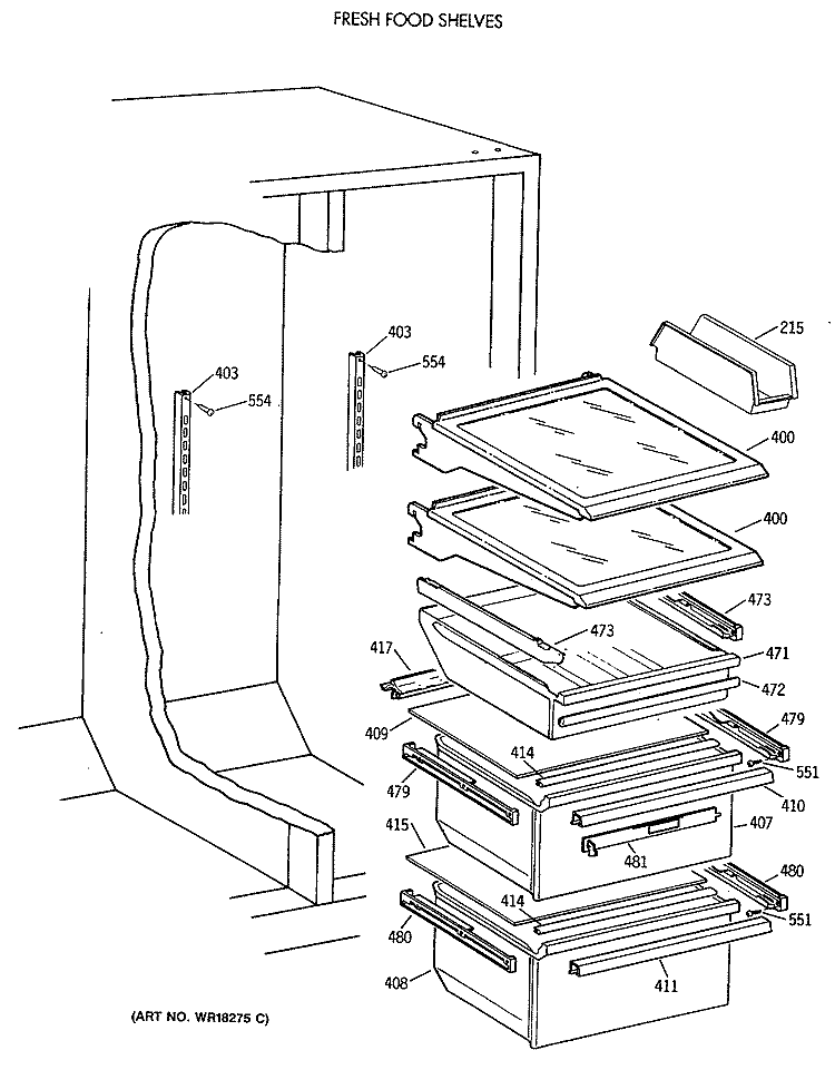 FRESH FOOD SHELVES Diagram and Parts List for TFK27ZRXAAA  General Electric Refrigerator