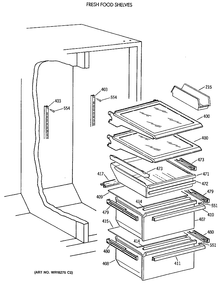 FRESH FOOD SHELVES Diagram and Parts List for TFK24ZFXAAA  General Electric Refrigerator