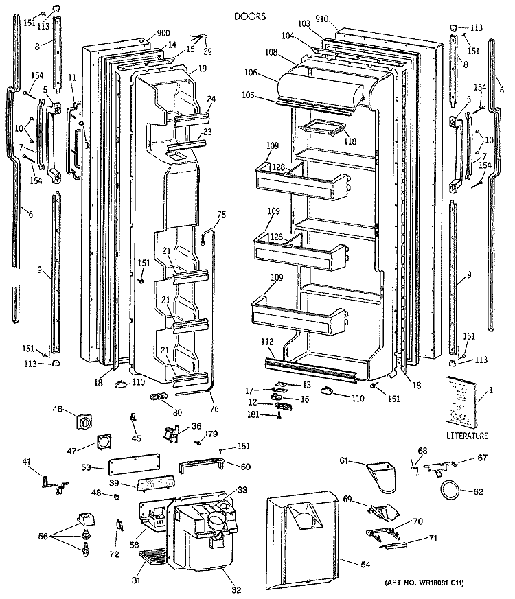 DOORS Diagram and Parts List for TFT20JRXAWW  General Electric Refrigerator