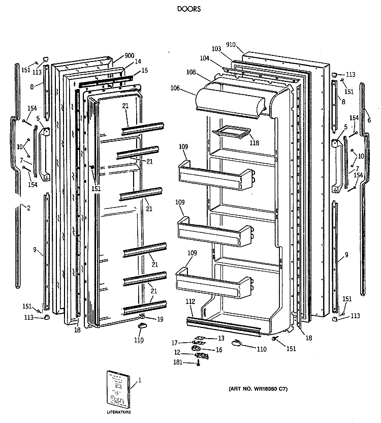 DOORS Diagram and Parts List for TFT20SAXAAA  General Electric Refrigerator