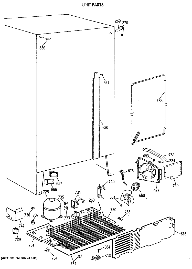 UNIT PARTS Diagram and Parts List for TFT24PAXAAA  General Electric Refrigerator