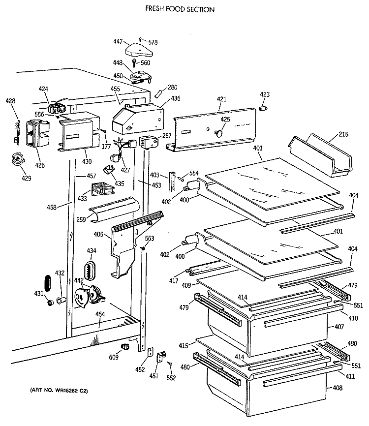 FRESH FOOD SECTION Diagram and Parts List for TFT20JAXAWW  General Electric Refrigerator