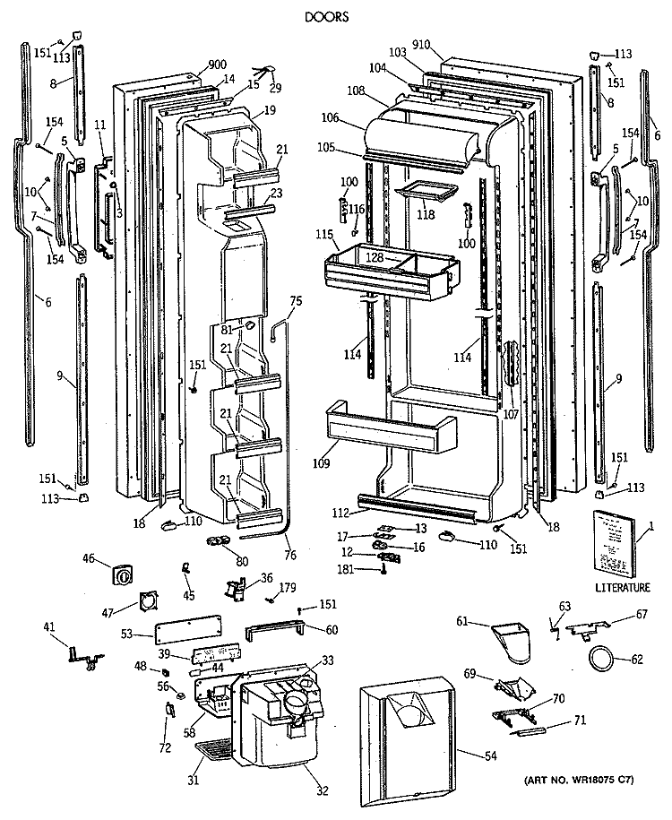 DOORS Diagram and Parts List for TFT24JWXAWW  General Electric Refrigerator
